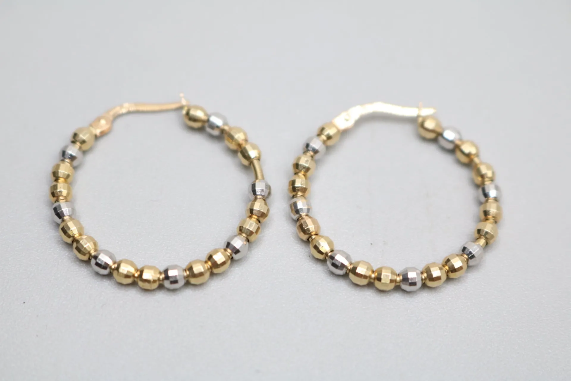 14K Two Tone Gold Beads Ball Hoop Earrings (4.6 Grams)