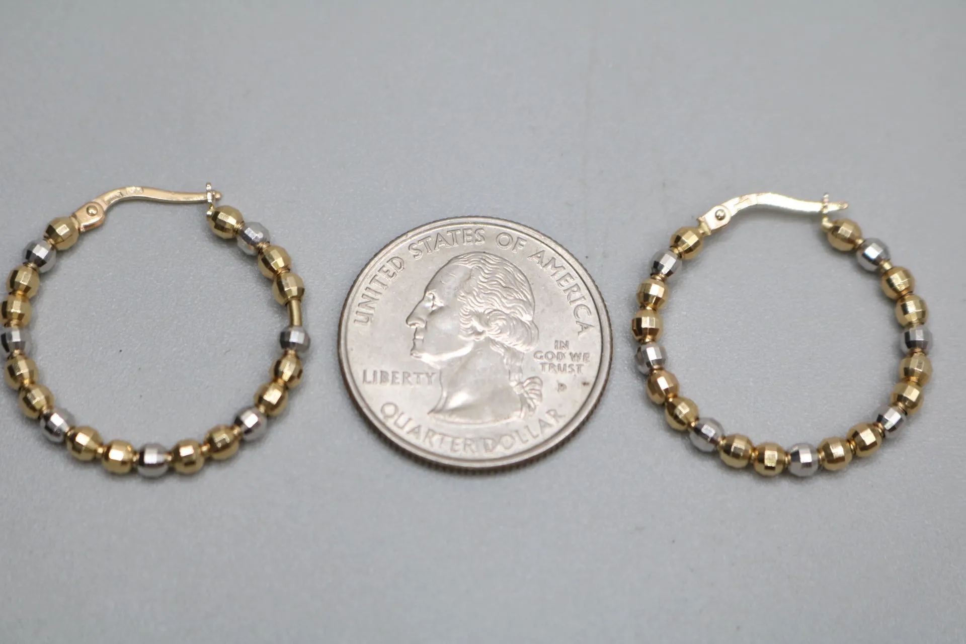 14K Two Tone Gold Beads Ball Hoop Earrings (4.6 Grams)