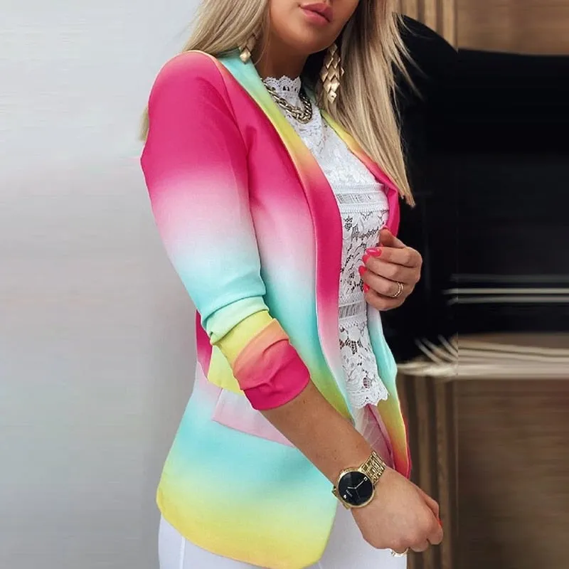 2021 New Women Elegant Blazer Clothing Workwear Lady ColorBlock Casual Coat Tops