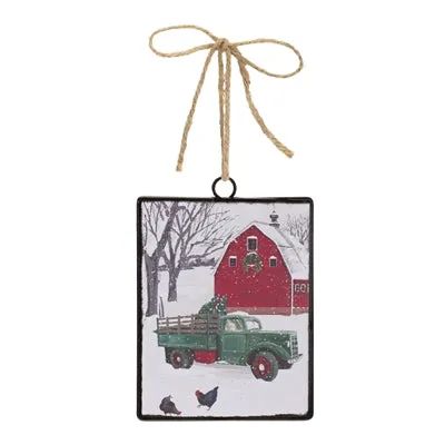 6.25" Truck and Barn Metal Ornament