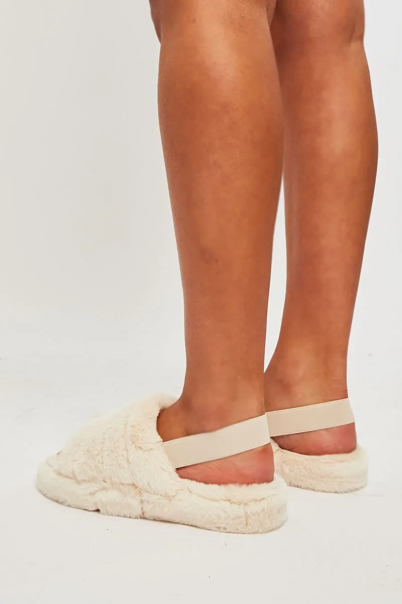 Beige Fluffy Strap Sliders - Naria