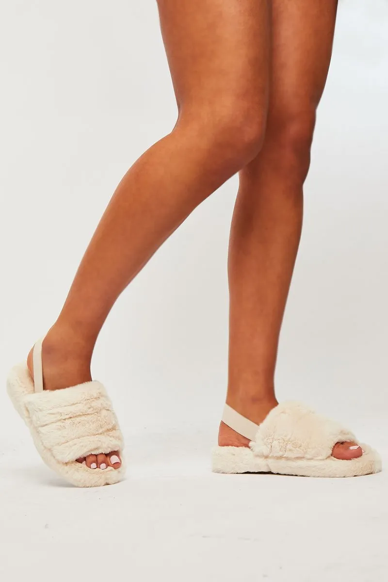 Beige Fluffy Strap Sliders - Naria