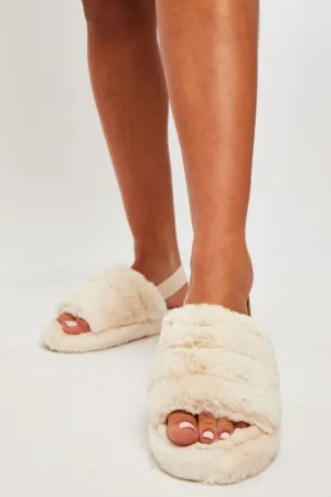 Beige Fluffy Strap Sliders - Naria