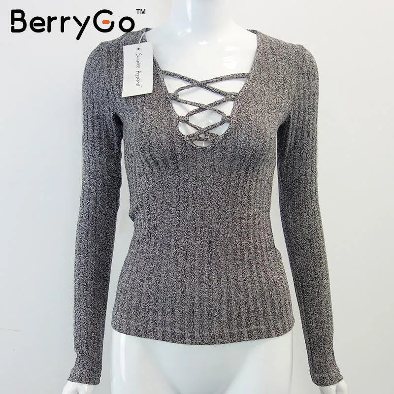 BerryGo Charcoal lace up Autumn warm knitted tops Sexy v neck women sweater pull femme Slim long sleeve elastic female pullover