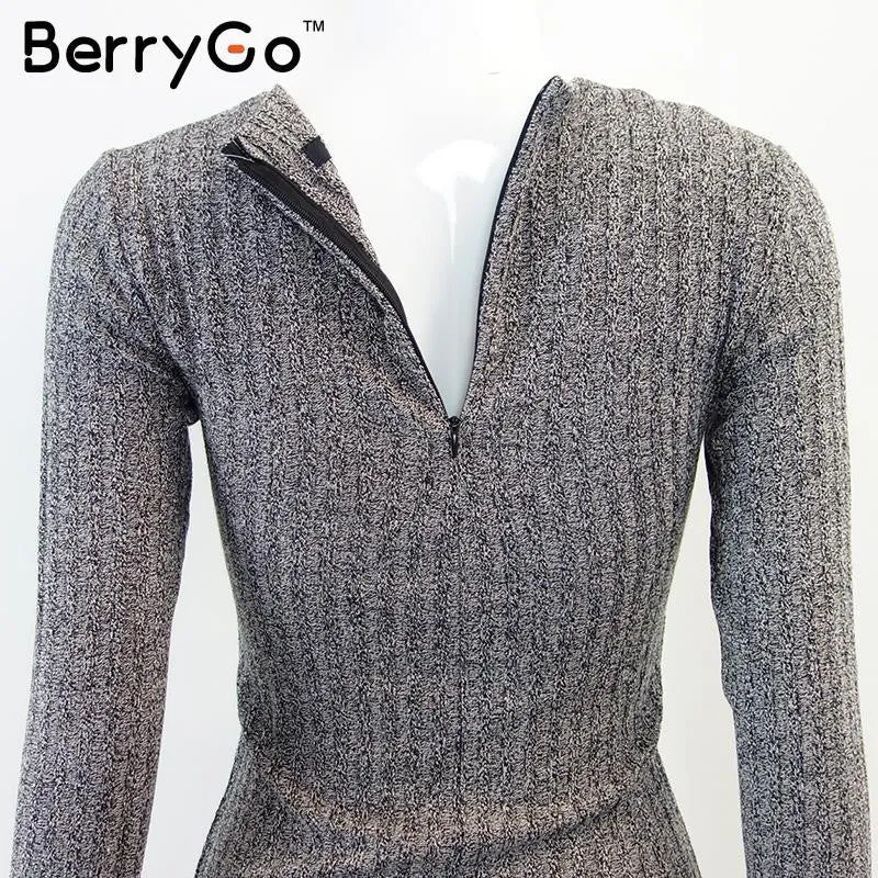 BerryGo Charcoal lace up Autumn warm knitted tops Sexy v neck women sweater pull femme Slim long sleeve elastic female pullover