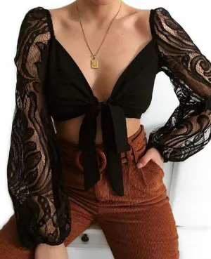 Black Lace Sleeve Crop Top