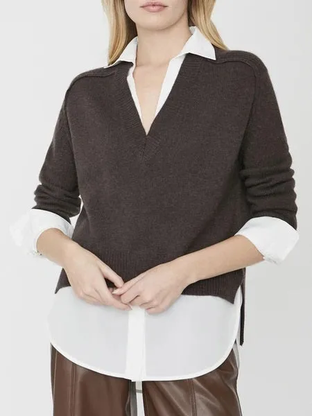 Brochu Walker - Alum V-Neck Layered Looker Sweater in Char Brown Melange