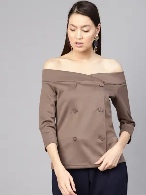 Brown Double Breasted Bardot Top