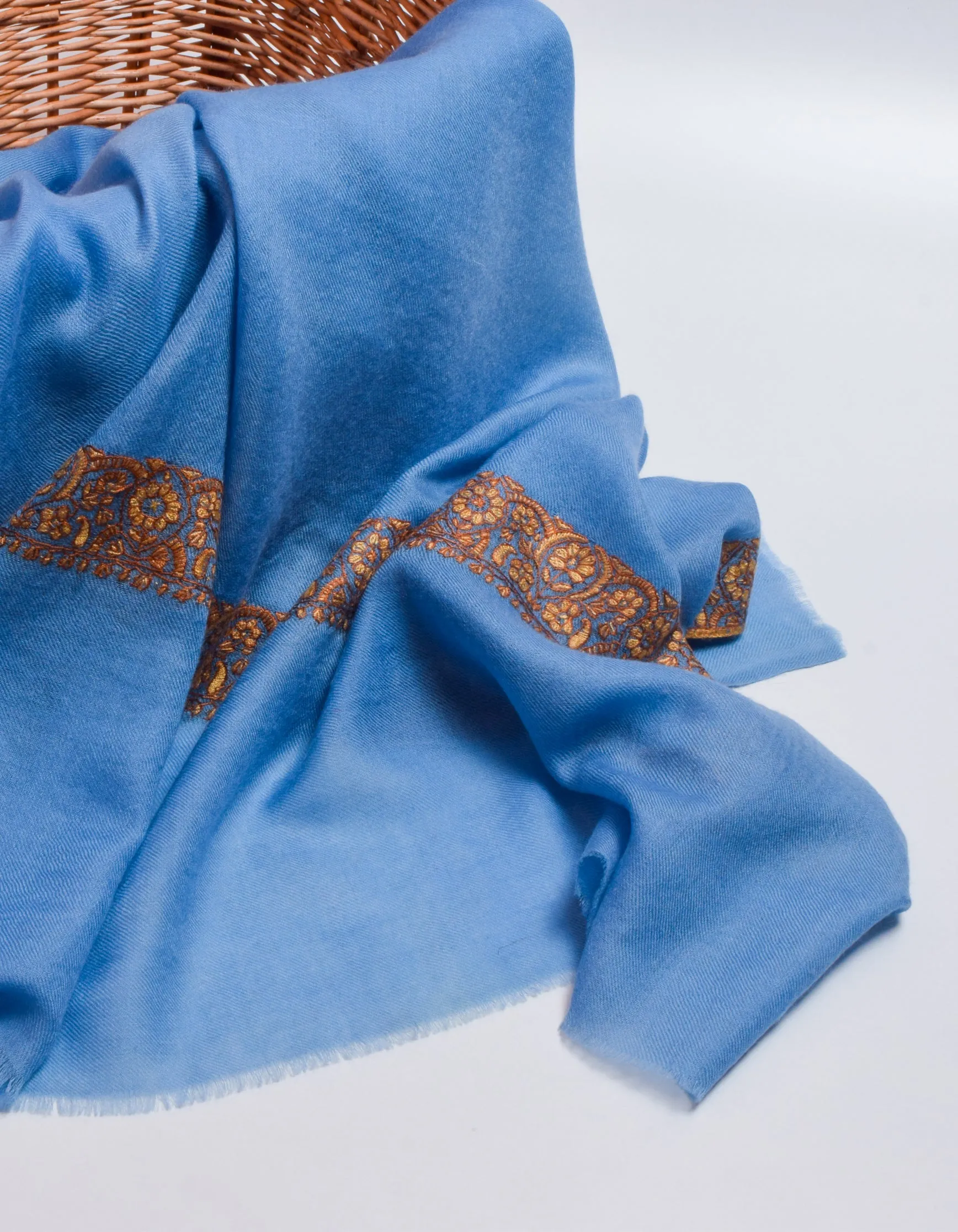 Carolina Blue Handwoven Border Embroidered Cashmere Pashmina Shawl