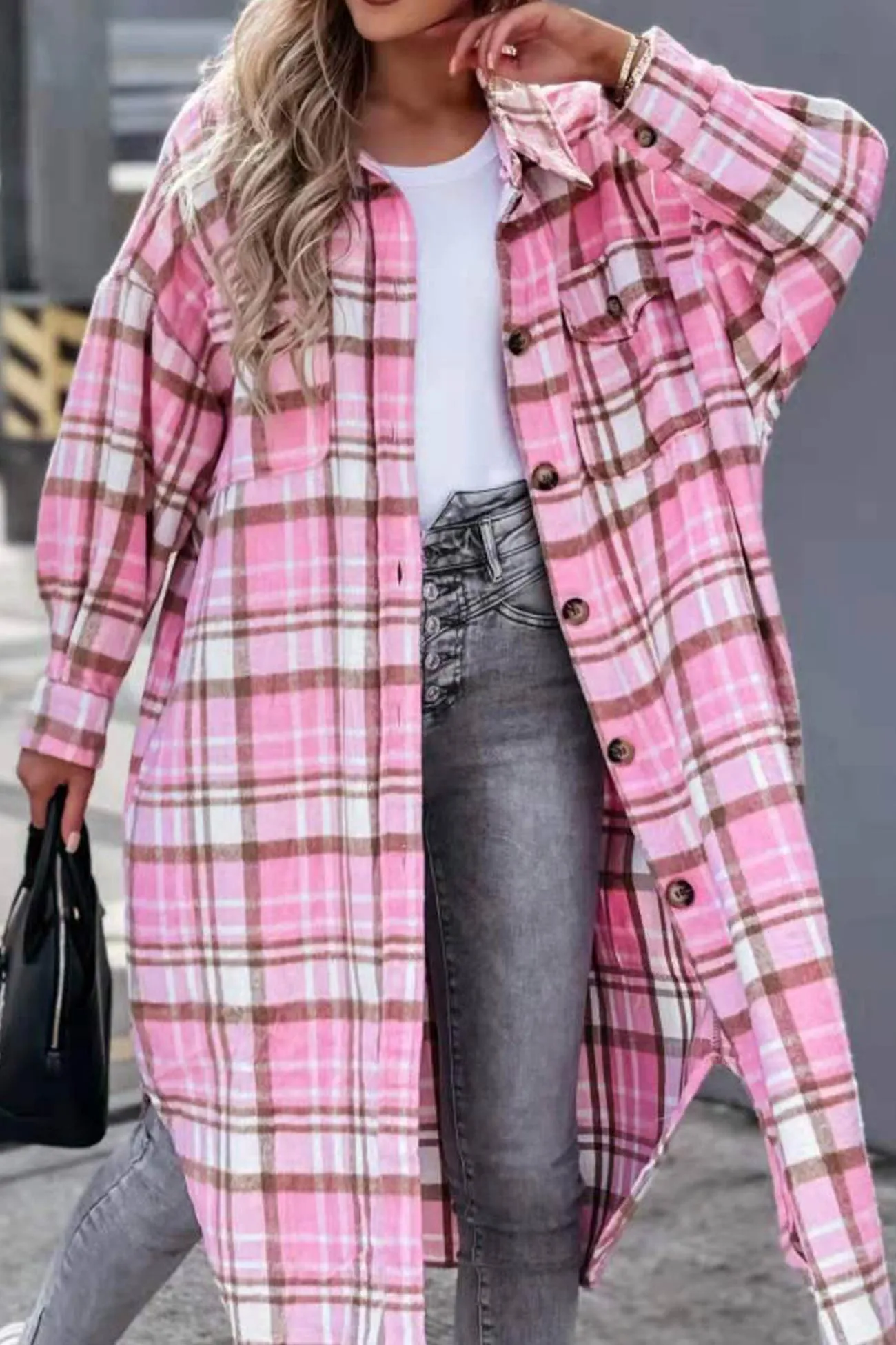 Contrast Plaid Long Shacket