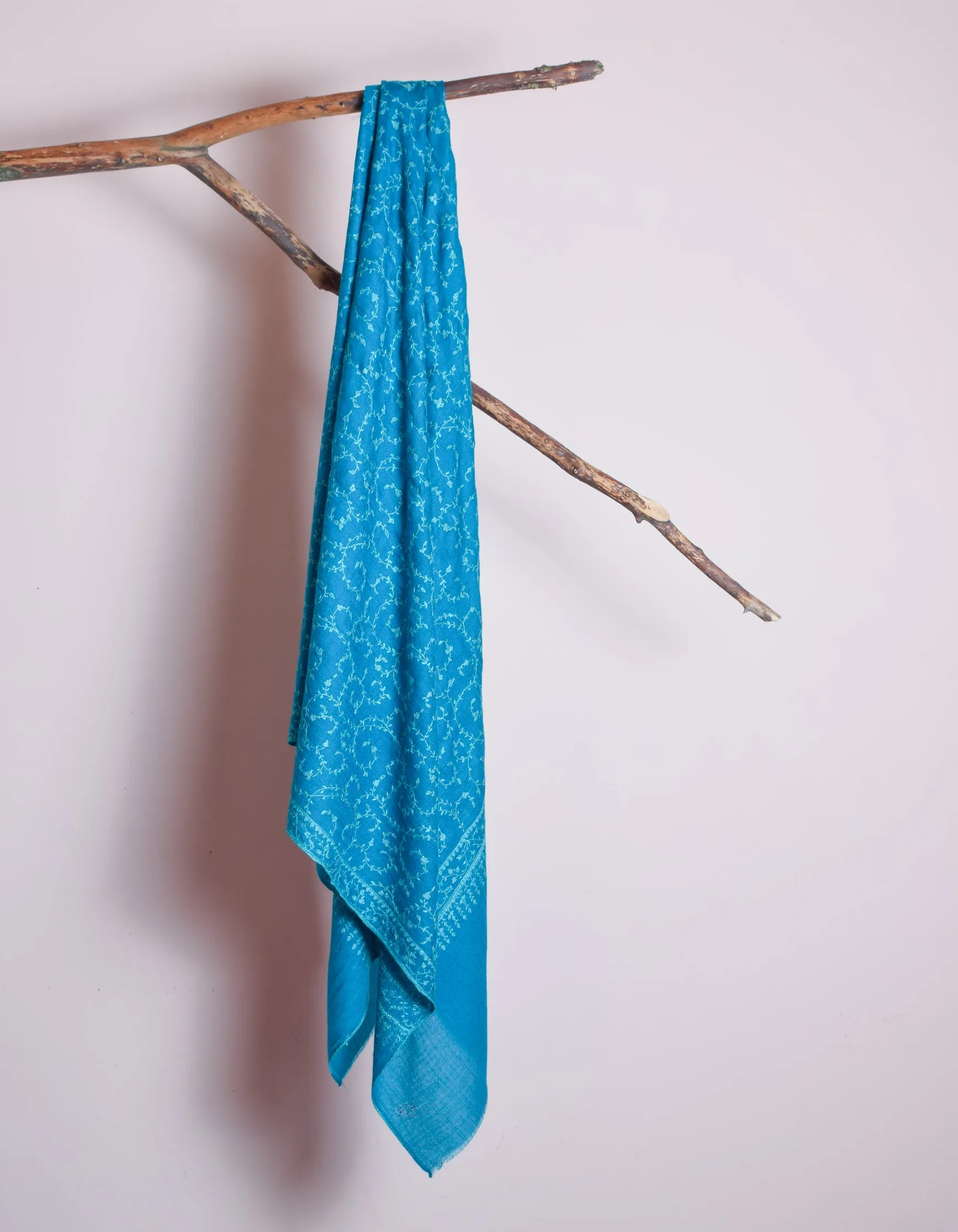 Deep Blue Handwoven Jaali Embroidered Cashmere Pashmina Shawl