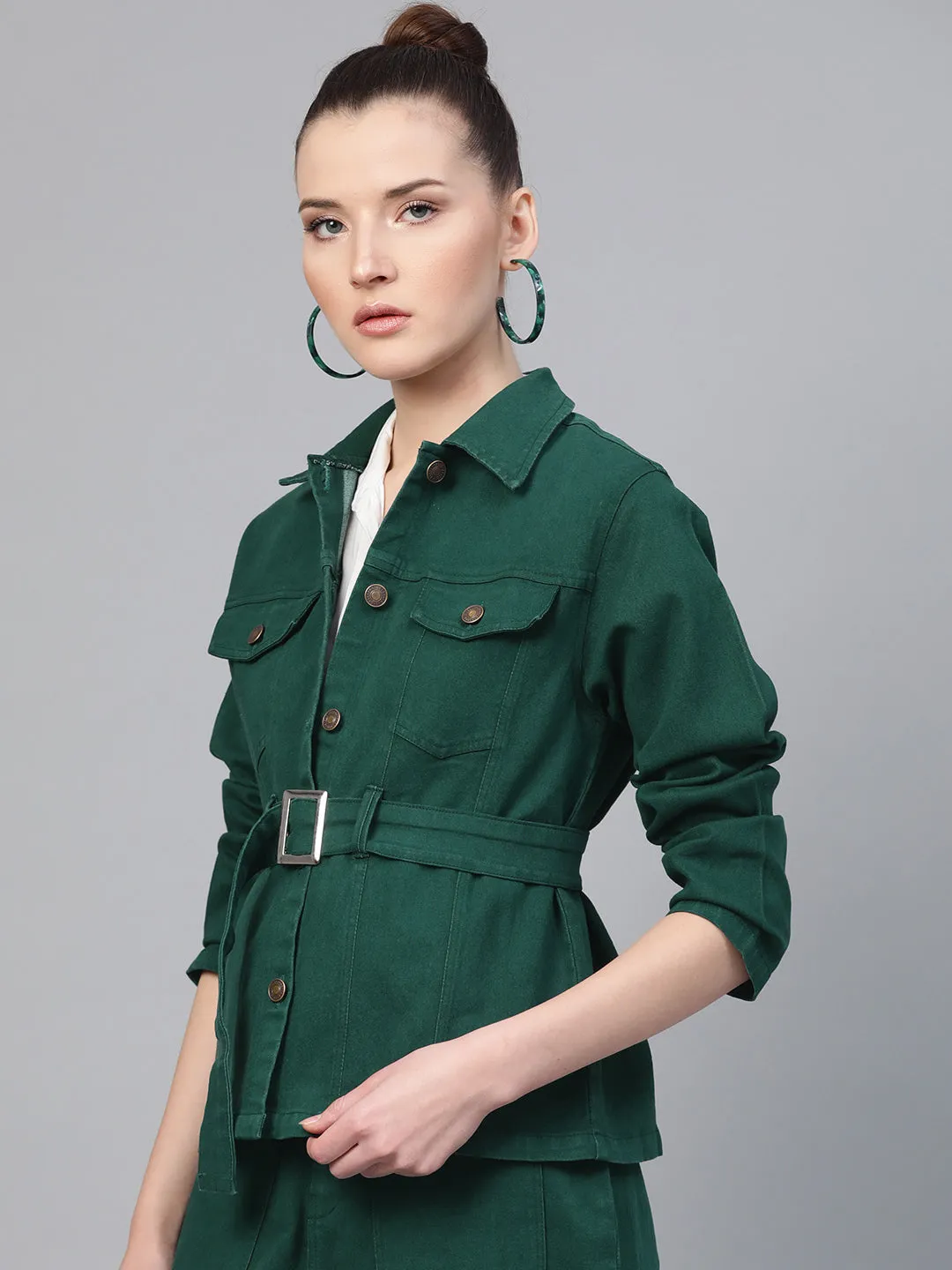 Emerald Green Denim Belted Jacket