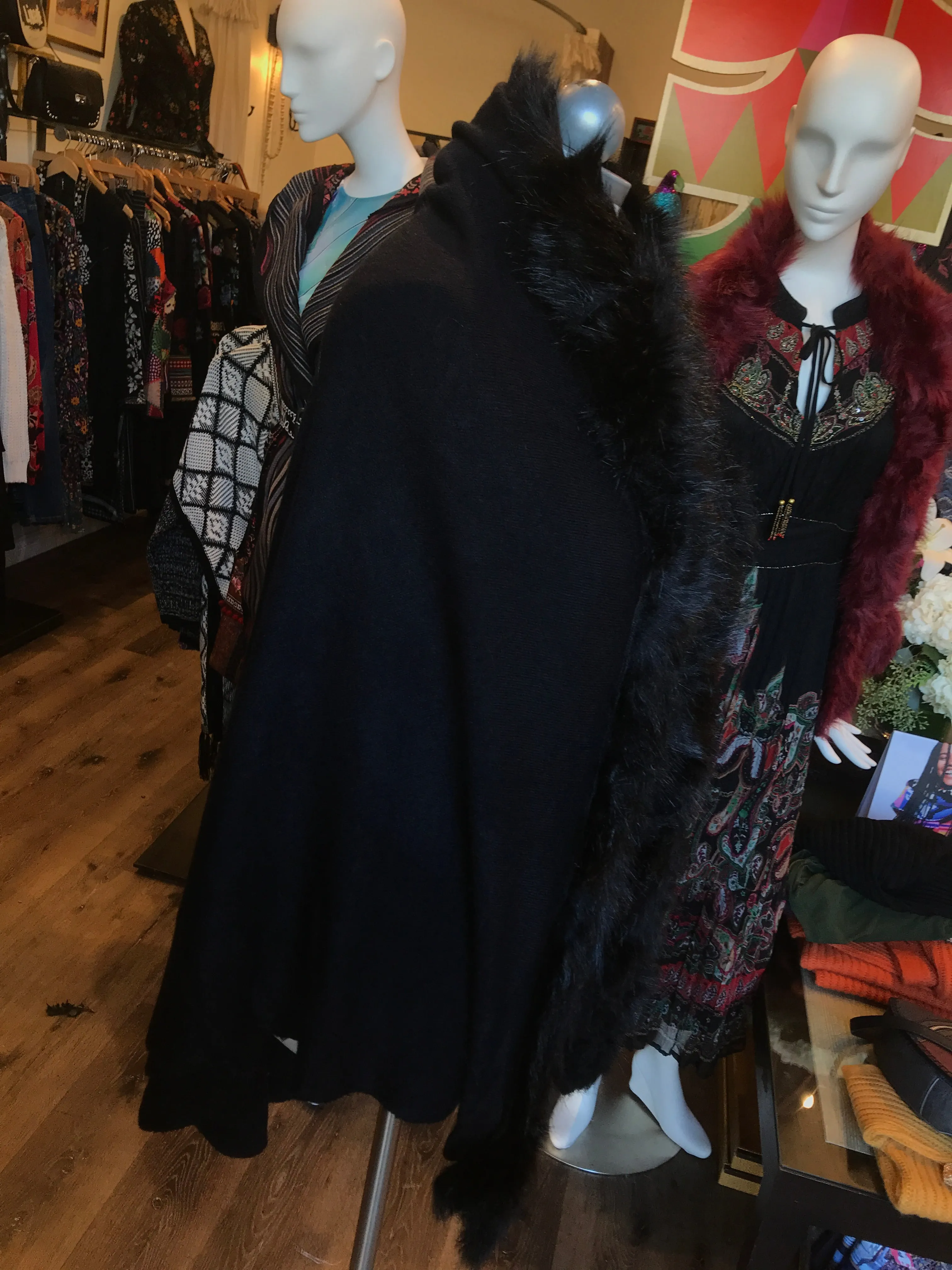 Faux Fur Trim Shawl/Cover up-Black