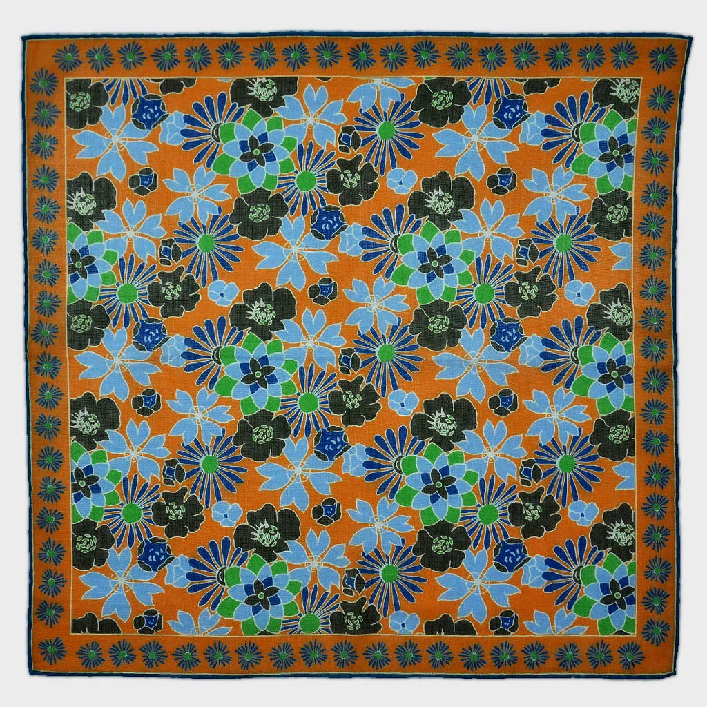 Flower Garden Cotton & Cashmere Pocket Square in Ochre & Blue