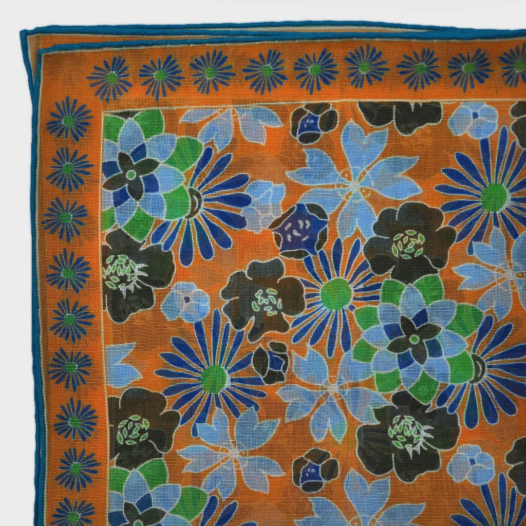 Flower Garden Cotton & Cashmere Pocket Square in Ochre & Blue