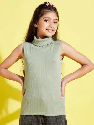 Girls Olive Sleeveless High Neck Rib Top