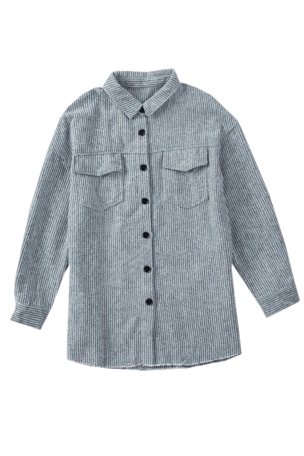 Gray Textured Button Down Shirt Jacket With Pockets