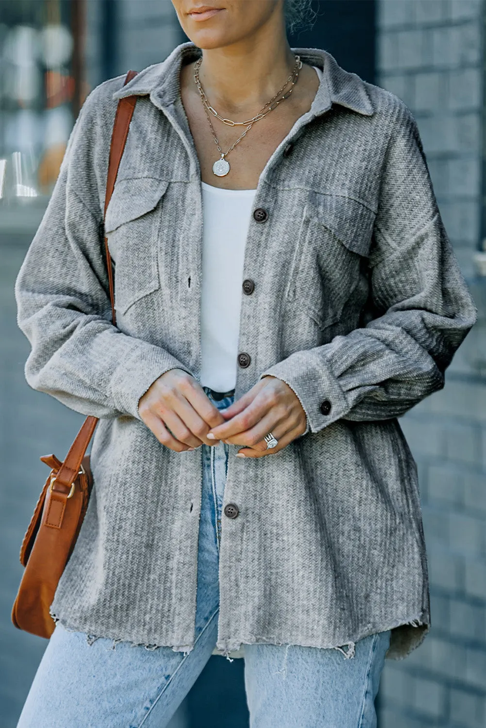 Gray Textured Button Down Shirt Jacket With Pockets