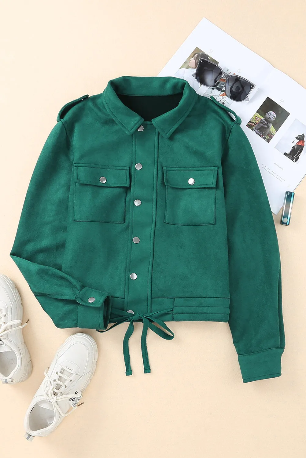 Green Faux Suede Button Down Cropped Jacket