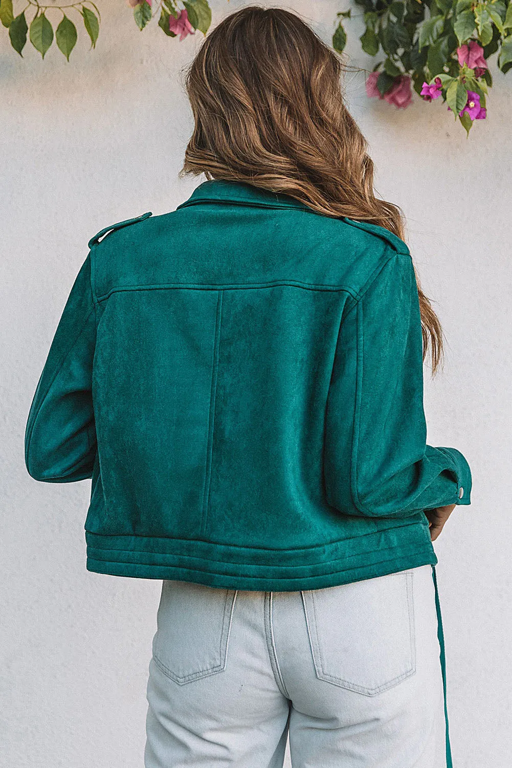 Green Faux Suede Button Down Cropped Jacket