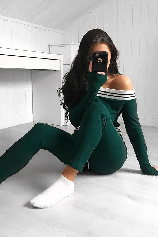 Green Sports Trim Bardot Jumpsuit - Millie