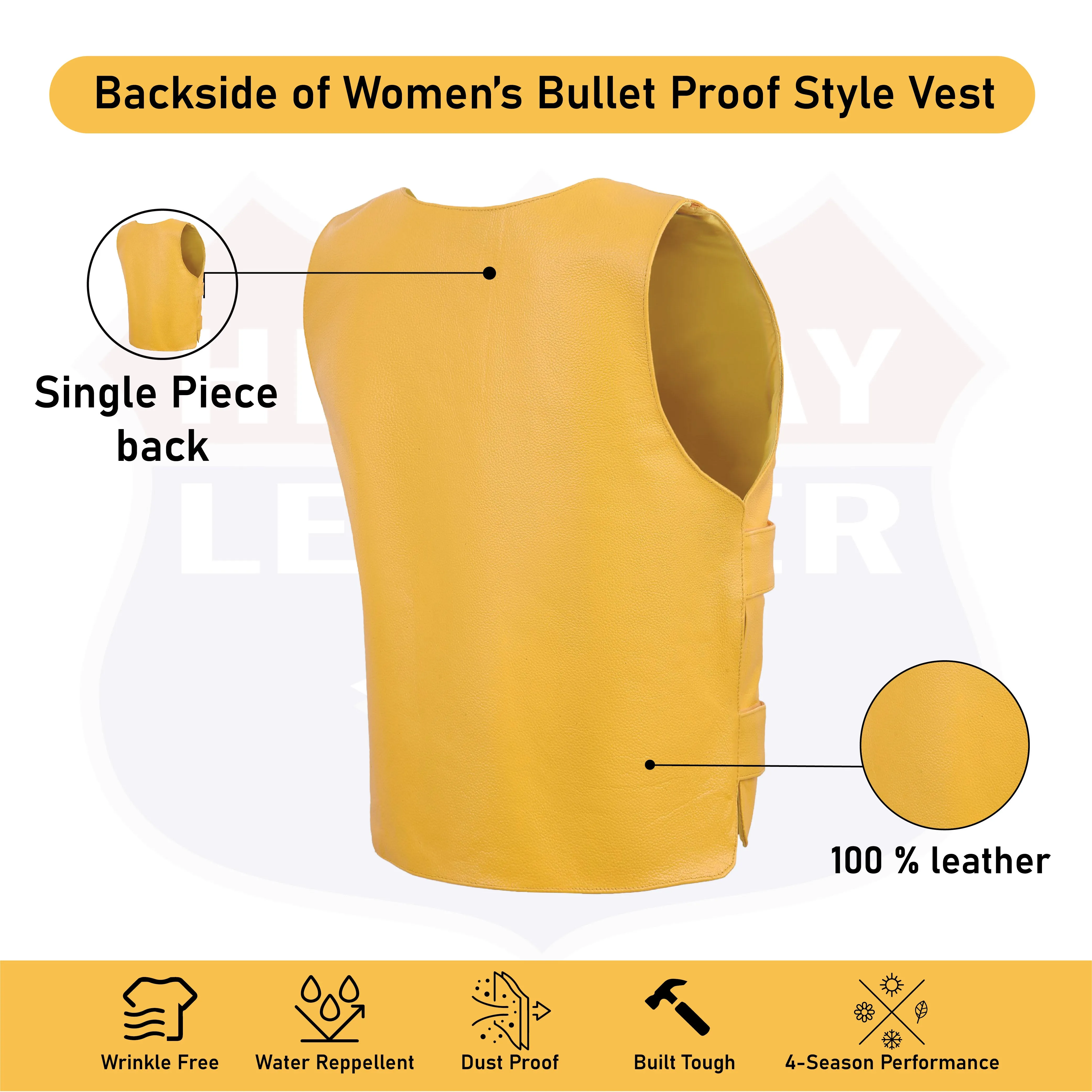 HL14945YELLOW Women Yellow bullet proof style leather vest- for biker club