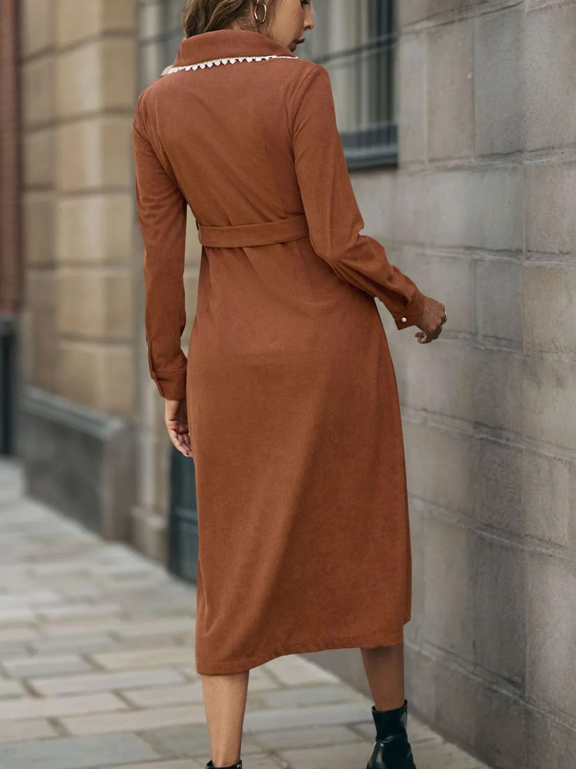 Lace Detail Collared Neck Long Sleeve Midi Dress