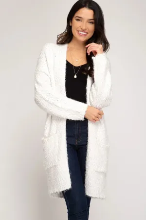 Long sleeve fuzzy knit open front cardigan with pockets