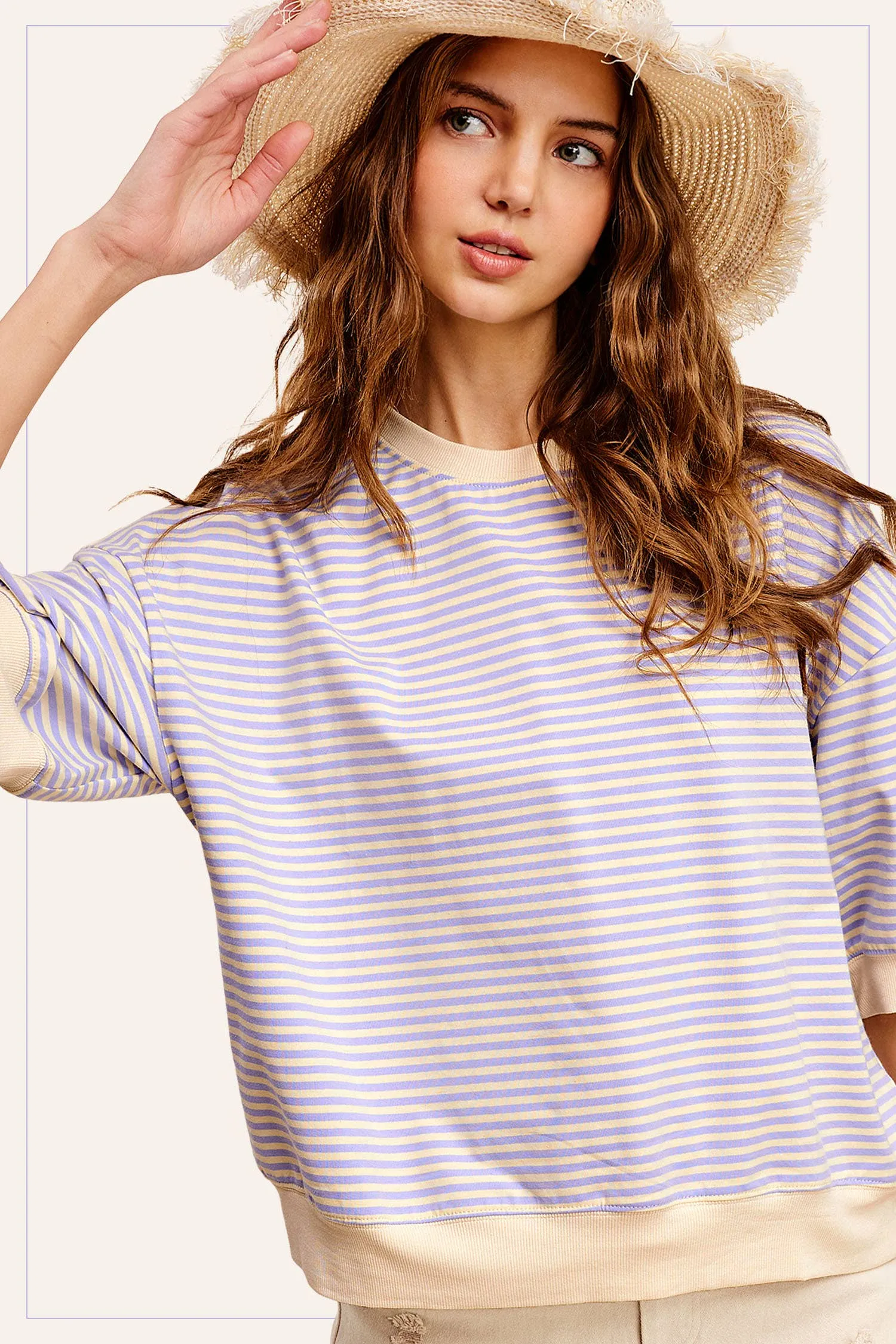 Loose Fit Striped Short Sleeve Crew Neckline Top