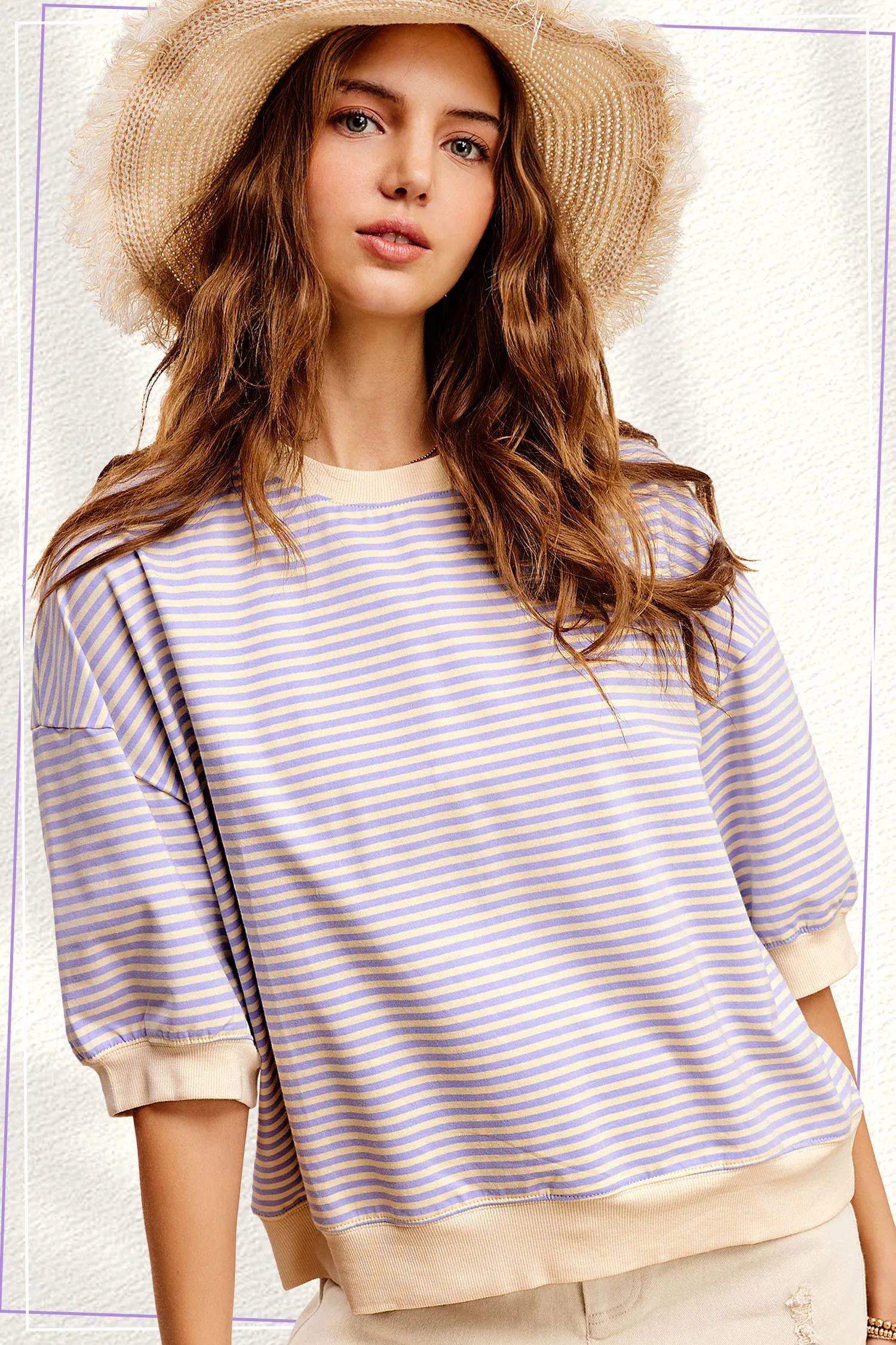 Loose Fit Striped Short Sleeve Crew Neckline Top