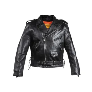 Mens Classic Police Style Split Leather Motorcycle Jacket With Side Laces