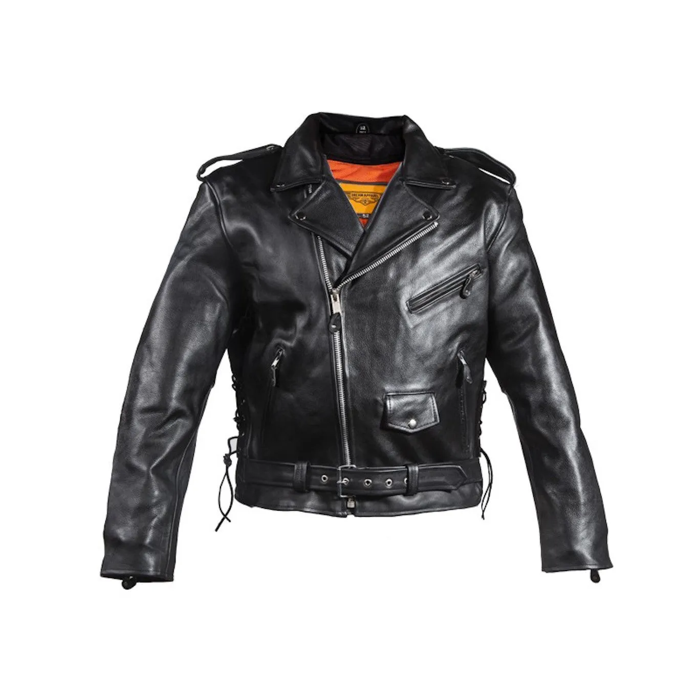 Mens Classic Police Style Split Leather Motorcycle Jacket With Side Laces