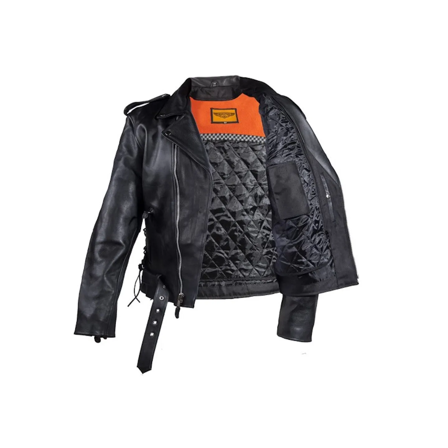 Mens Classic Police Style Split Leather Motorcycle Jacket With Side Laces