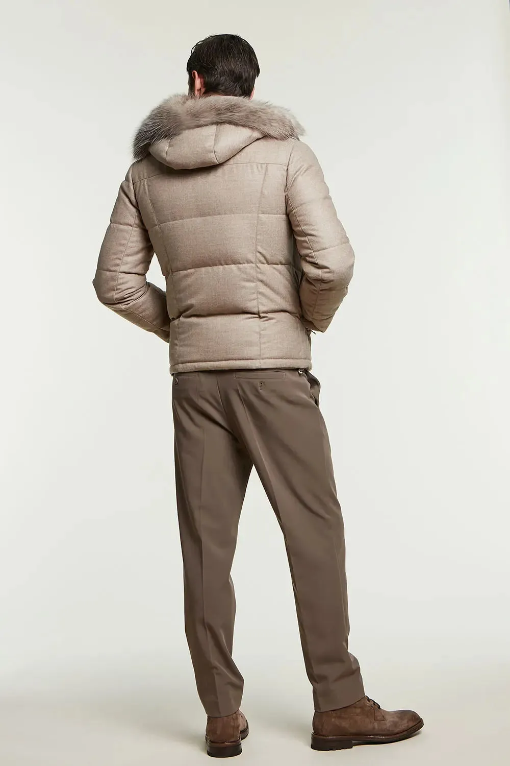 Mens down jacket with fur hood