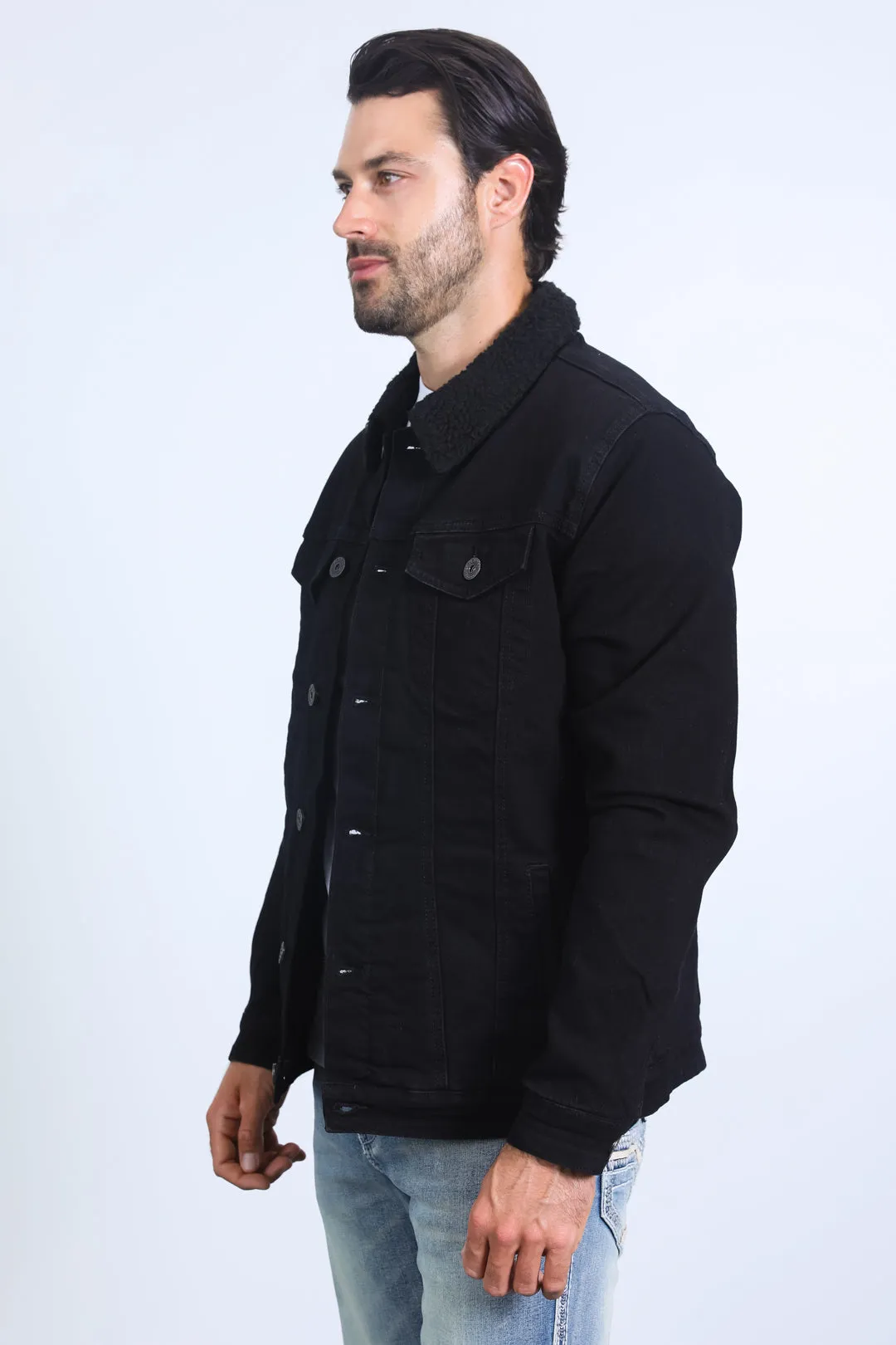 Mens Sherpa Lined Denim Jacket - Black