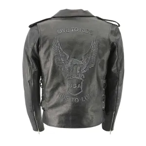 Men's XS703 Black Embossed 'Live to Ride, Ride to Live' Classic Motorcycle Jacket