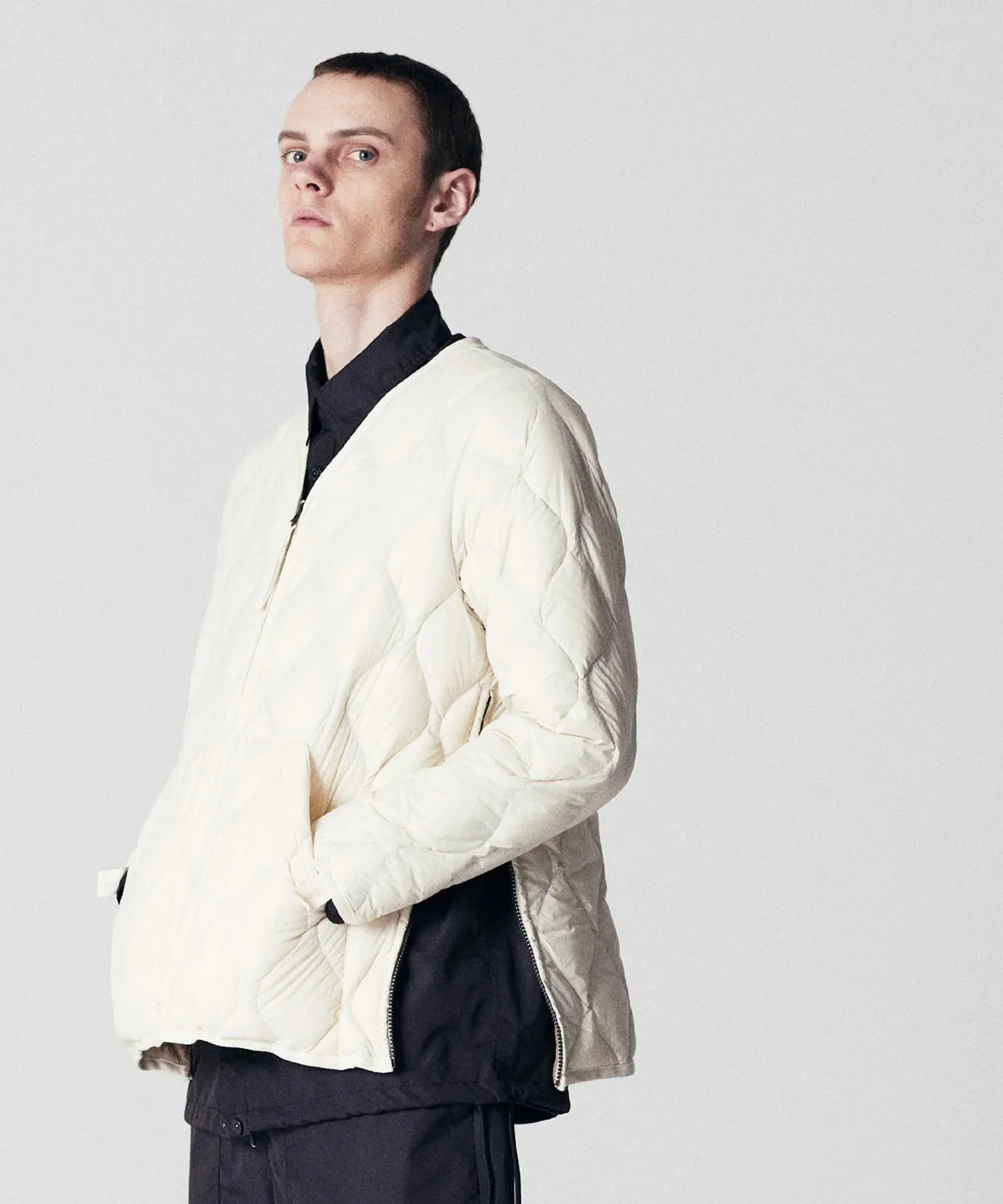 Military V-Neck W-Zip Down Jacket (Soft Shell) in Off White