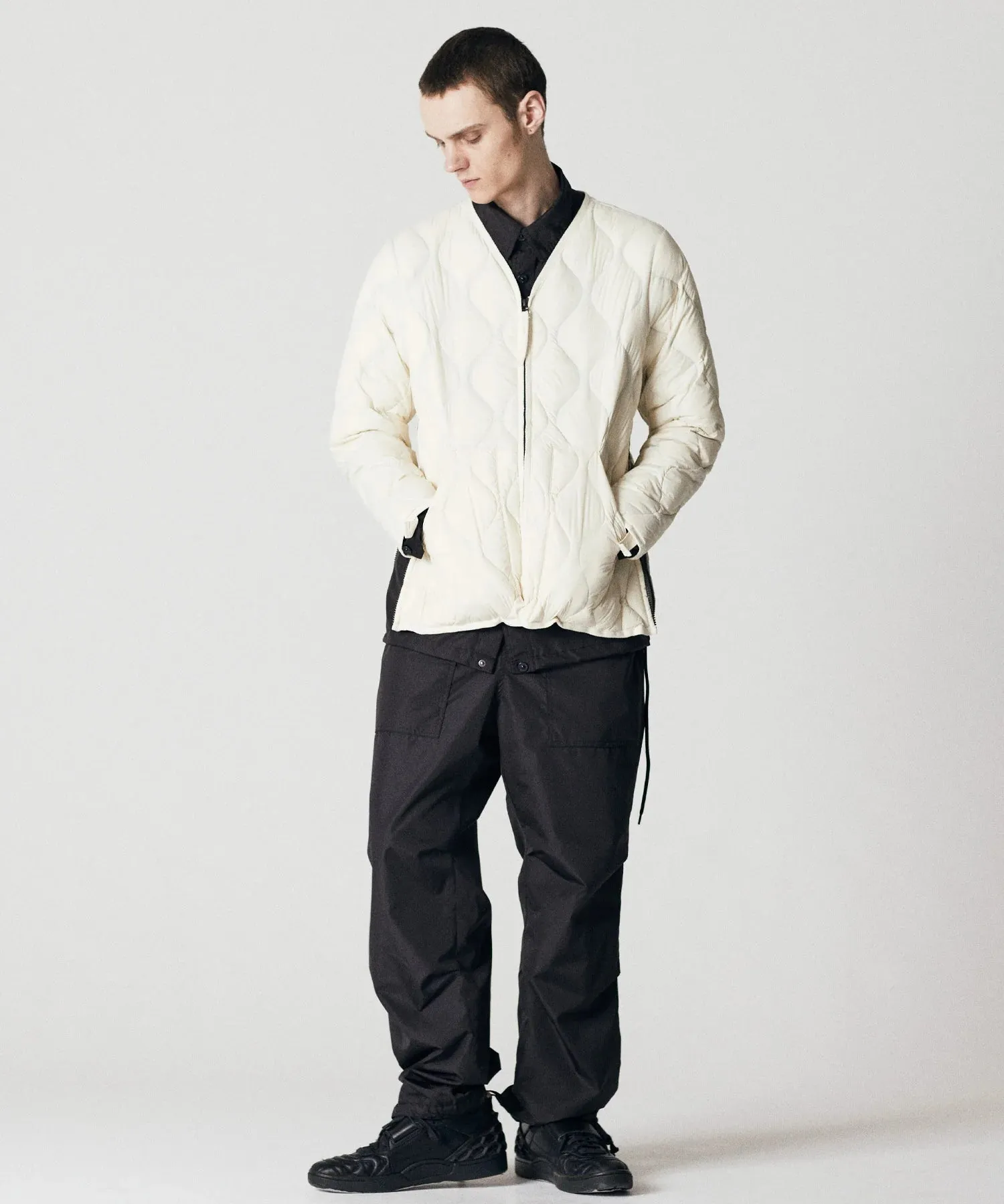 Military V-Neck W-Zip Down Jacket (Soft Shell) in Off White