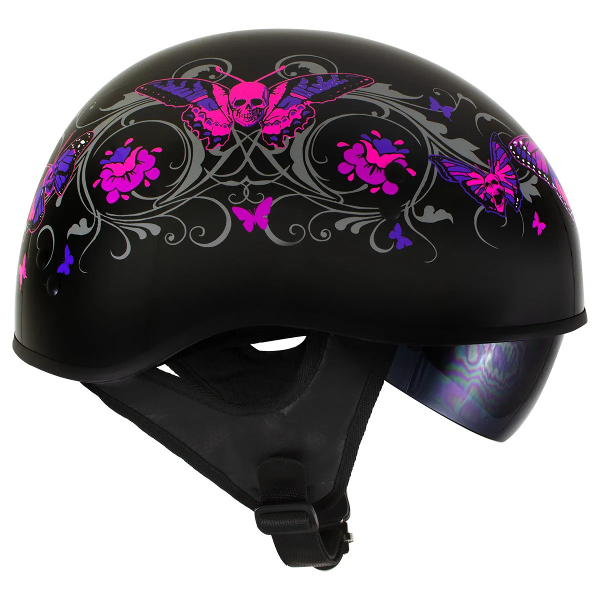 Milwaukee Helmets T72 Gloss Black Pink Butterflies Advanced DOT Helmet for Men and Women with Drop Down Tinted Visor