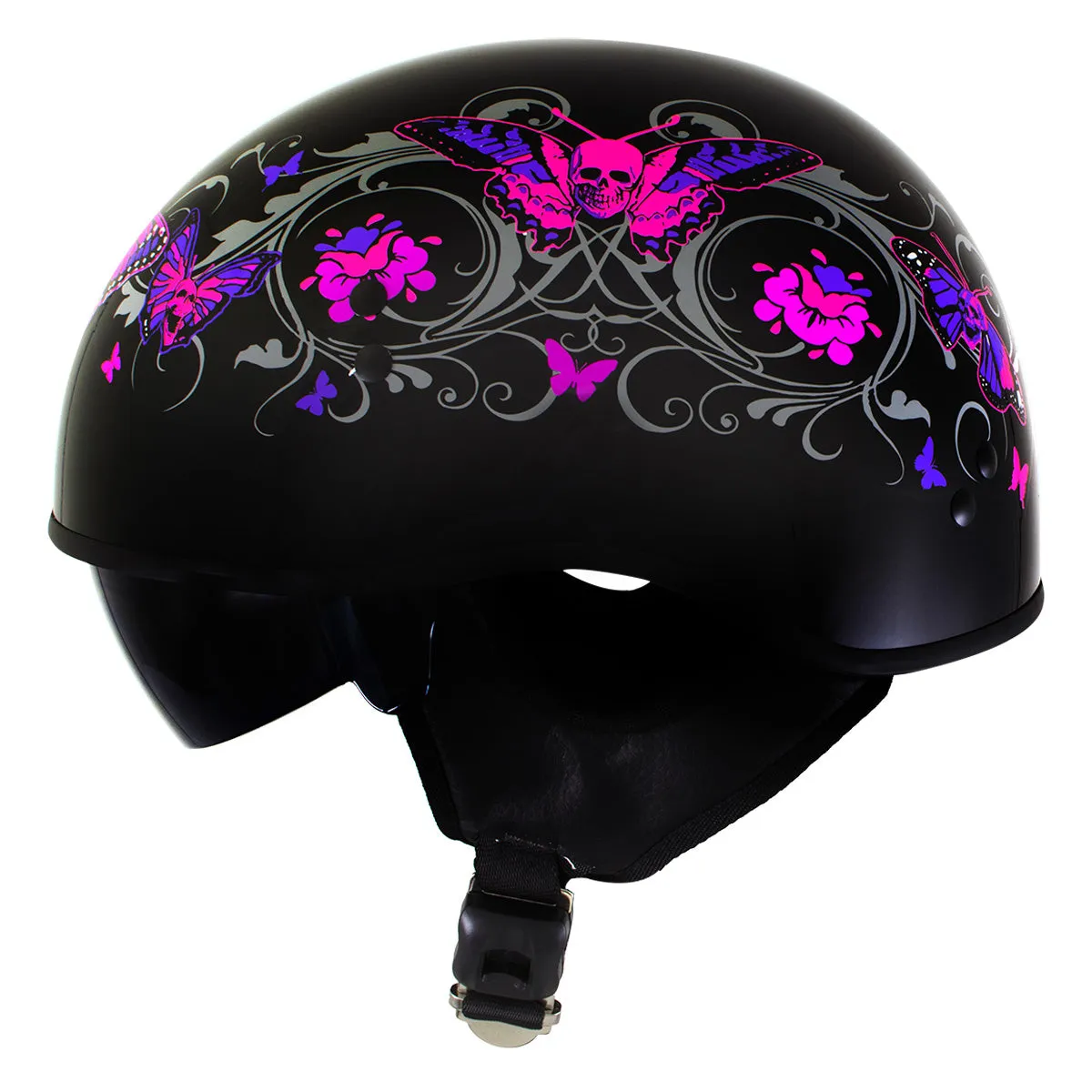 Milwaukee Helmets T72 Gloss Black Pink Butterflies Advanced DOT Helmet for Men and Women with Drop Down Tinted Visor