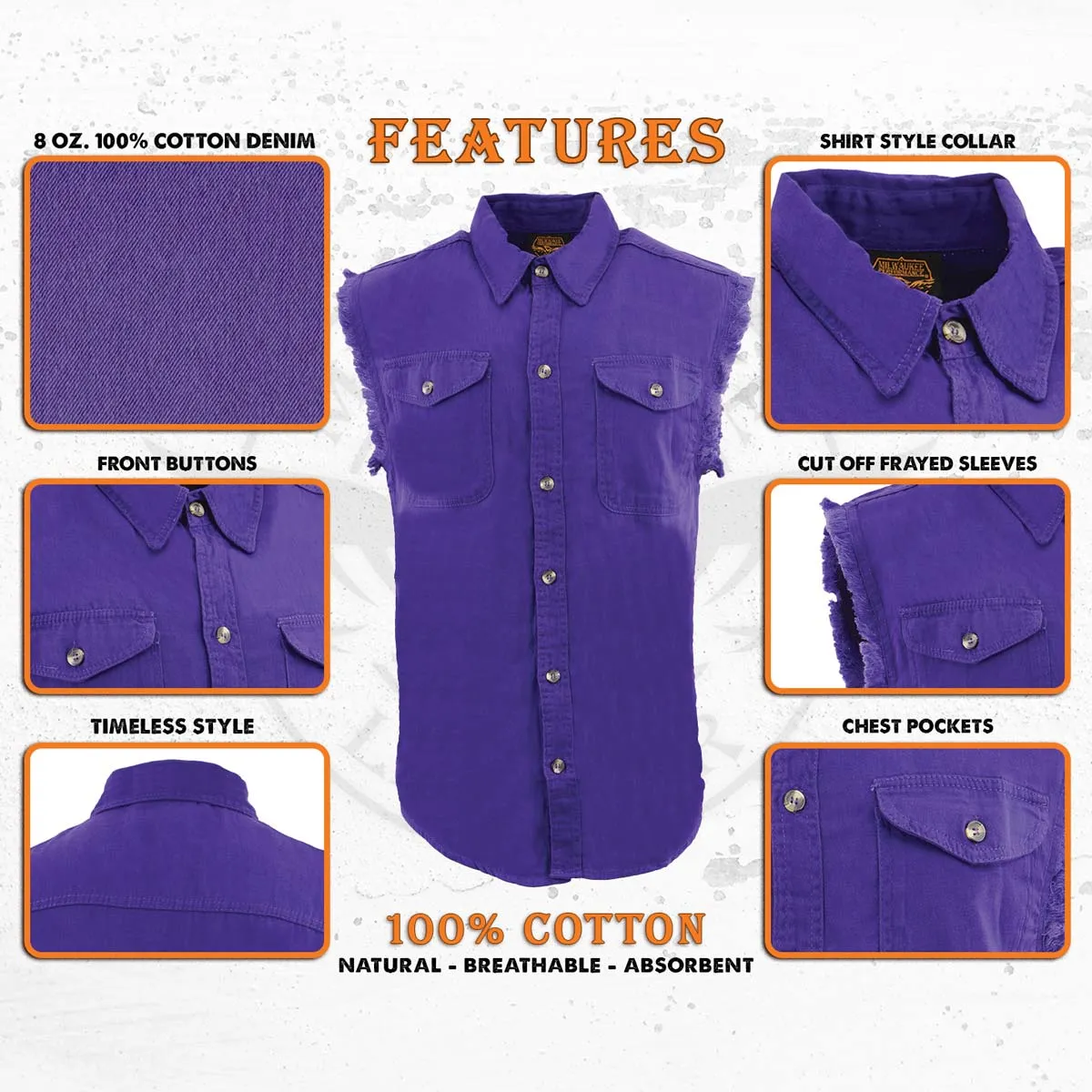 Milwaukee Leather DM1006 Men's Purple Lightweight Denim Shirt with with Frayed Cut Off Sleeveless Look