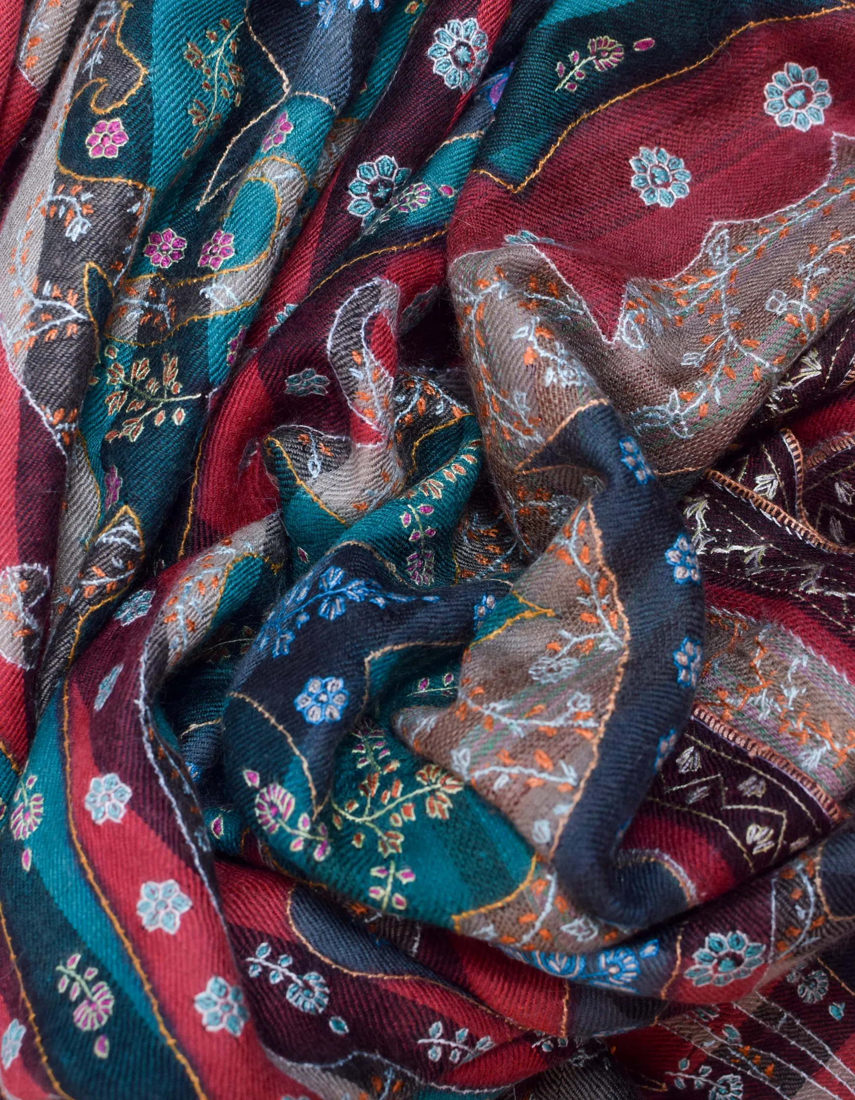 Multi-Pattern Handwoven Kani Print Detail Embroidered Cashmere Pashmina Shawl