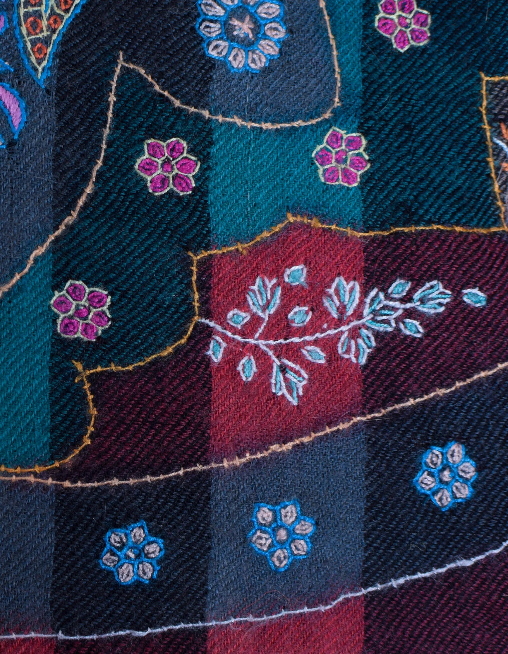 Multi-Pattern Handwoven Kani Print Detail Embroidered Cashmere Pashmina Shawl