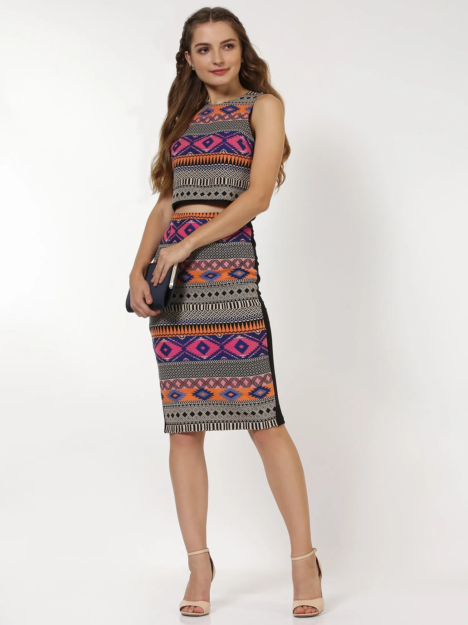 Multicolored Jacquard Pencil Skirt