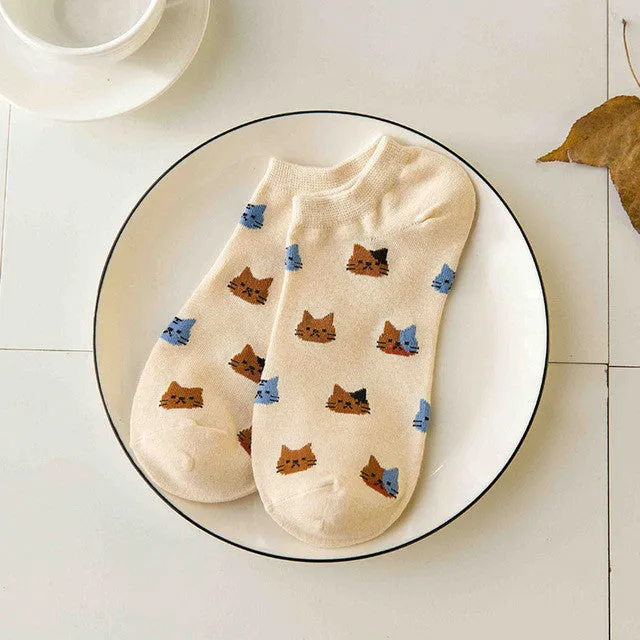 New cartoon cute cat face  thin section invisible shallow mouth  women's cotton socks short tube socks spring and summer