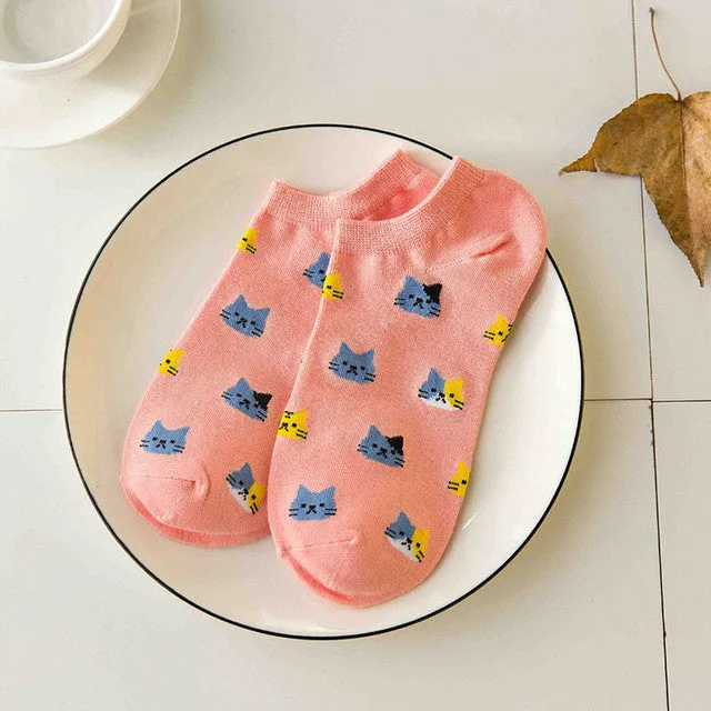 New cartoon cute cat face  thin section invisible shallow mouth  women's cotton socks short tube socks spring and summer