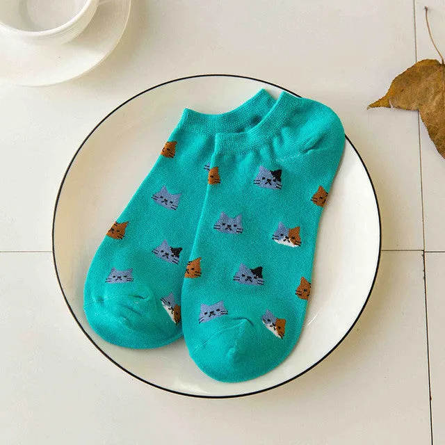 New cartoon cute cat face  thin section invisible shallow mouth  women's cotton socks short tube socks spring and summer