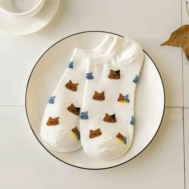 New cartoon cute cat face  thin section invisible shallow mouth  women's cotton socks short tube socks spring and summer