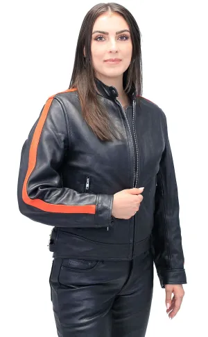 Orange Strip Women's Leather Motorcycle Jacket #L654416ZO ()