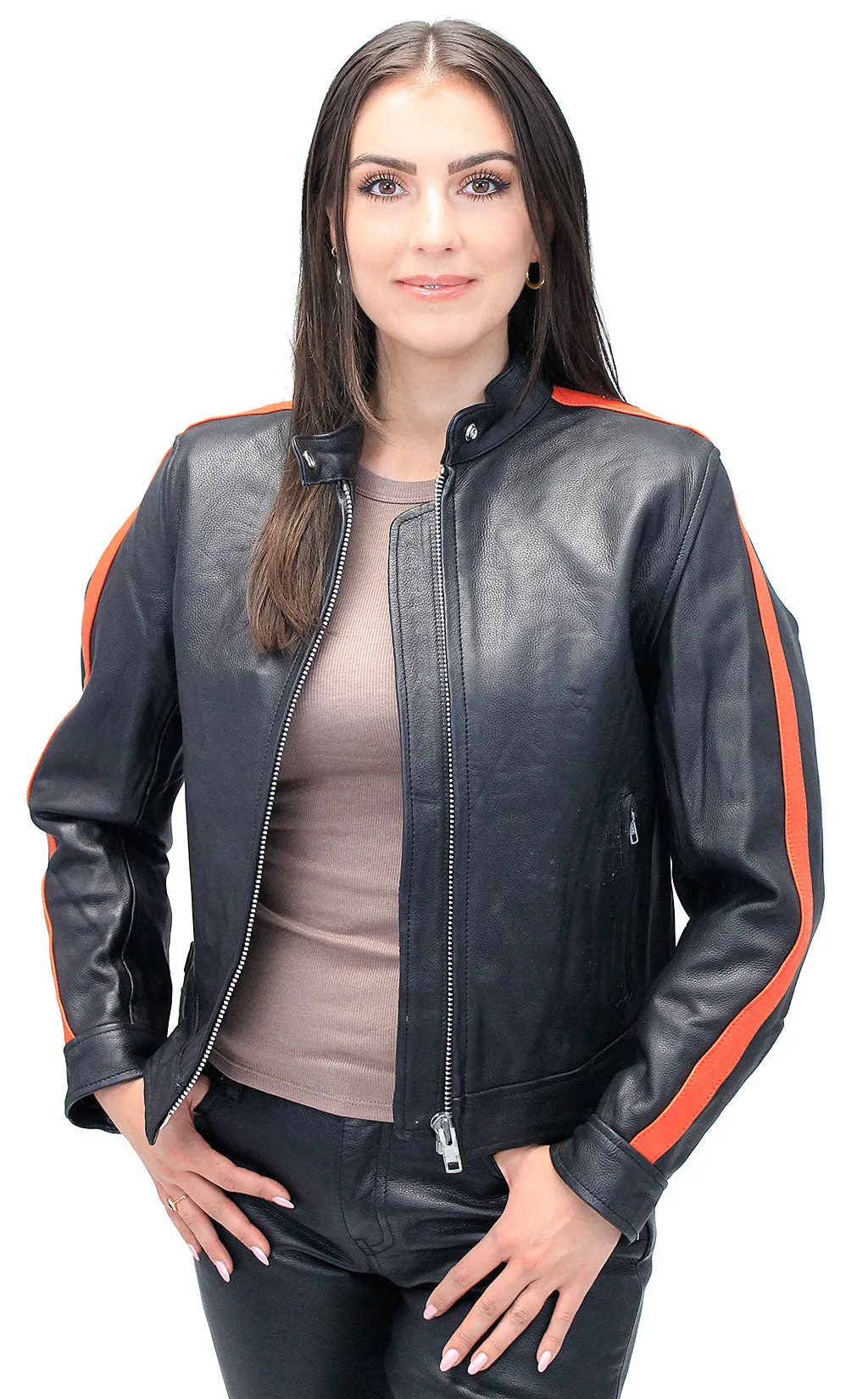 Orange Strip Women's Leather Motorcycle Jacket #L654416ZO ()